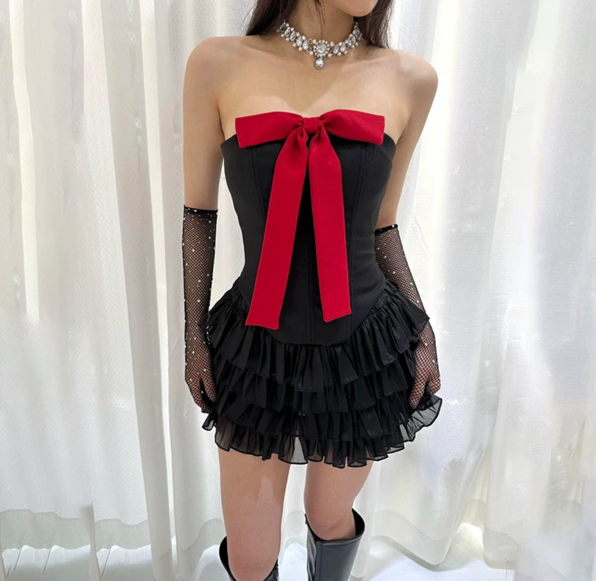 Bow chest cute skirt set