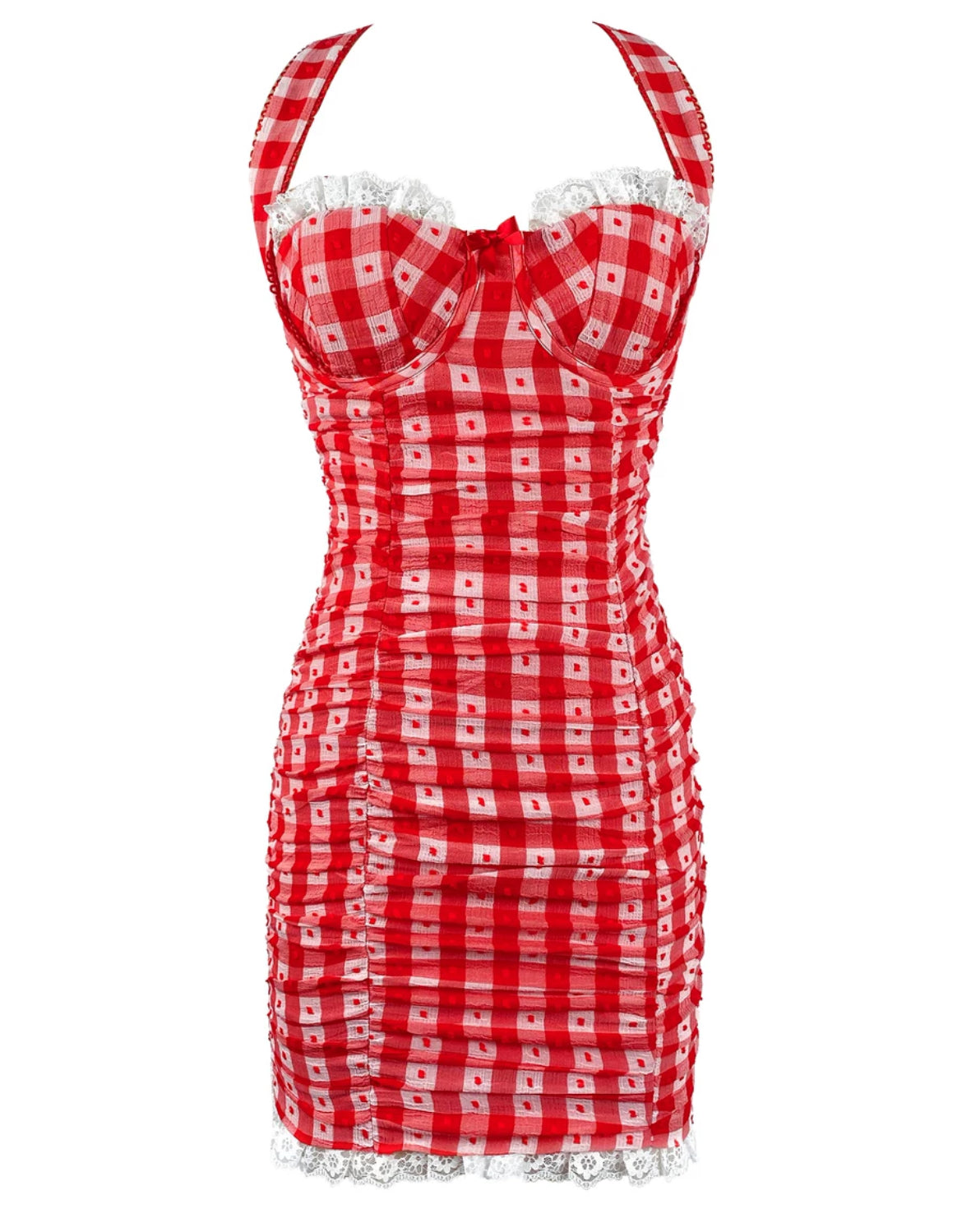 Sweet plaid lace cross backless skirt dress