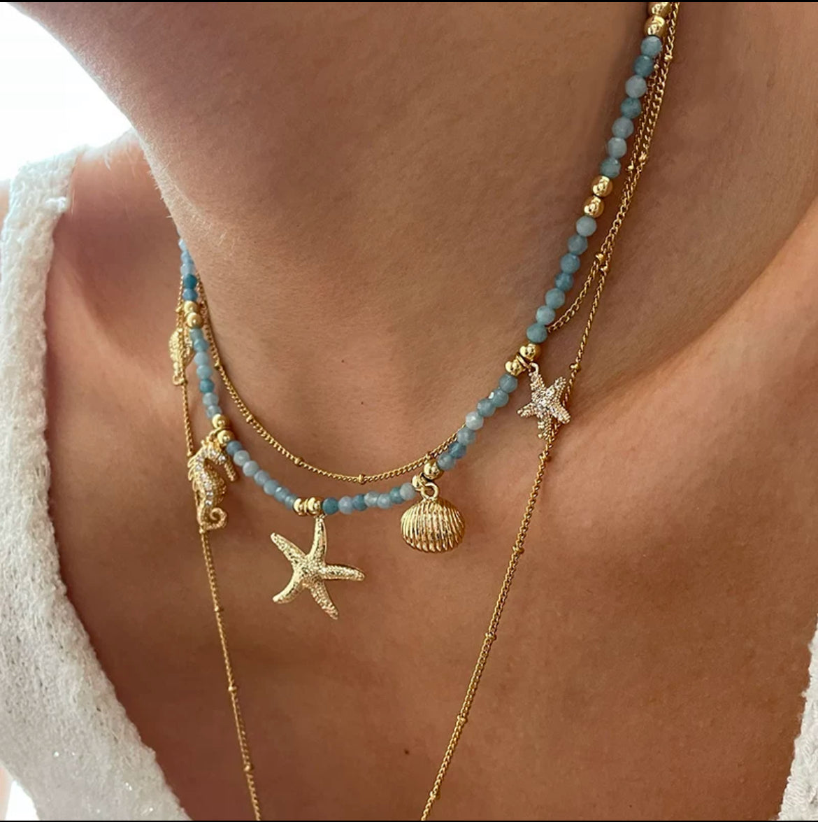 Gold plated sea blue necklace